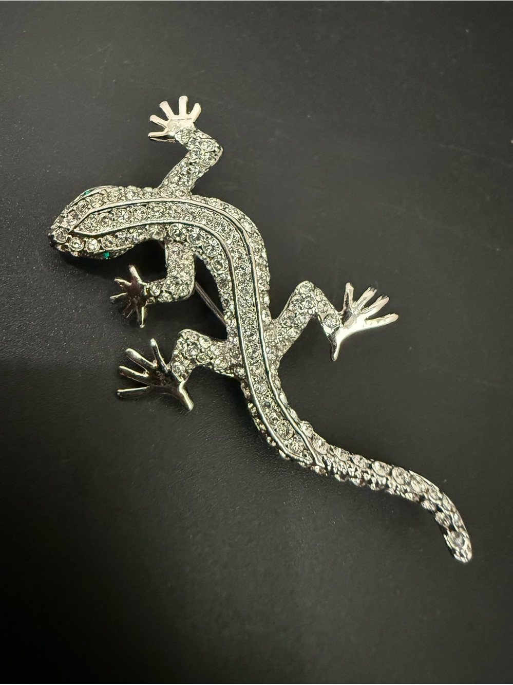 Unsigned Pave Crystal Rhinestones Silver-tone Lizard Brooch